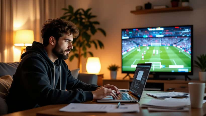 Apostador brasileiro consulta plataforma de apostas no computador durante transmissão de jogo de La Liga