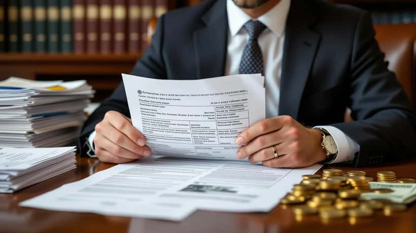 Solicitor reviewing lottery ticket and syndicate agreement on office desk in London