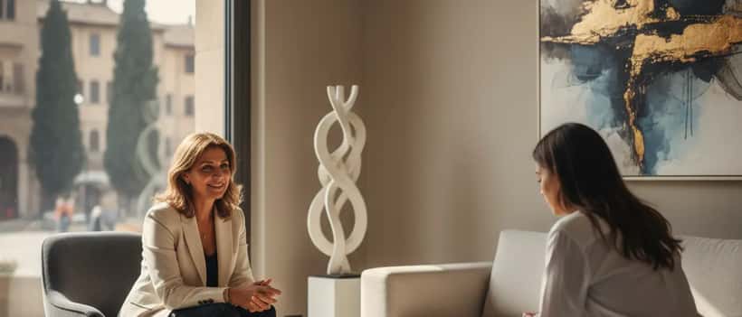 Psicologa italiana in ascolto attento durante una seduta di consulenza in studio