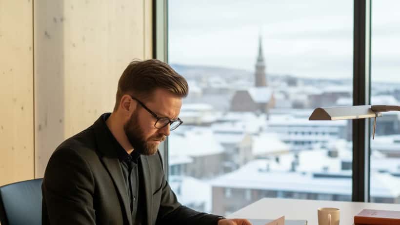 En norsk advokat gjennomgår juridiske dokumenter på et kontor i Oslo