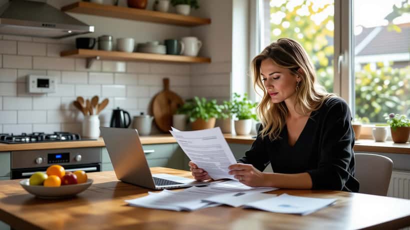 Nederlandse vrouw bekijkt energierekening en laptop met verbruiksoverzicht thuis