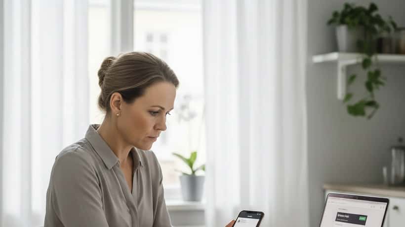 Svensk kvinna tittar oroligt på telefon med okänd betalning, Göteborg, 2026