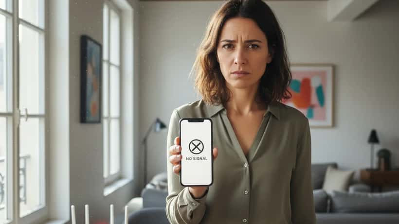 Femme tenant un smartphone affichant 'aucun signal' dans un appartement parisien, routeur avec voyant rouge en arrière-plan