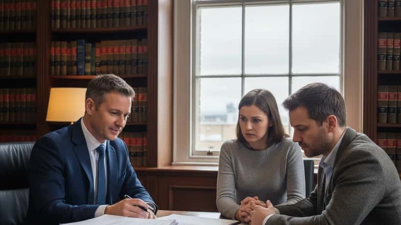 British solicitor consulting with clients facing insolvency in a London law office