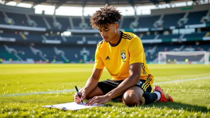 Jovem atleta brasileiro assinando contrato em campo de futebol profissional com estádio ao fundo