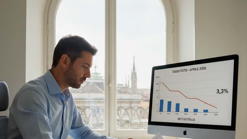Consulente finanziario italiano che esamina contratti di mutuo con grafici dei tassi di interesse sullo schermo a Milano