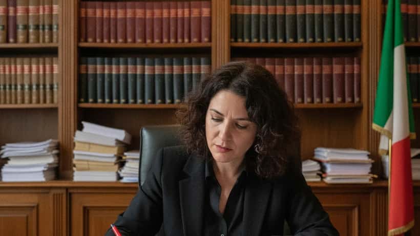 Avvocata italiana in uno studio legale a Roma consulta il Codice Penale sulle norme antidiscriminazione