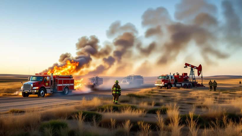 Bosbrand met rook boven een militair oefenterrein in Alberta met brandweerwagens op de voorgrond