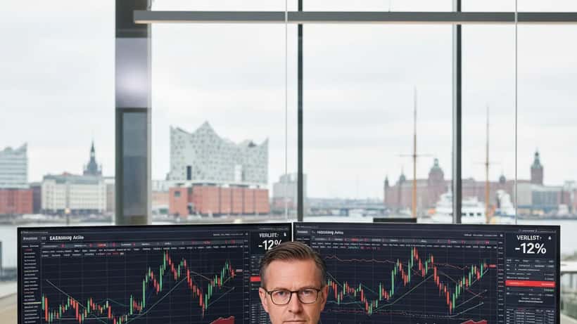Deutscher Finanzberater analysiert Samsung-Aktienrückgang in seinem Hamburger Büro