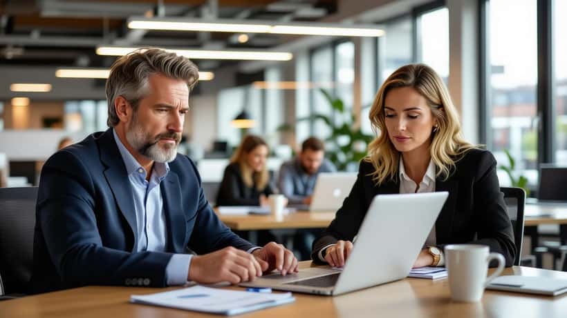 British office worker looking concerned at laptop with HR documents in London open-plan office