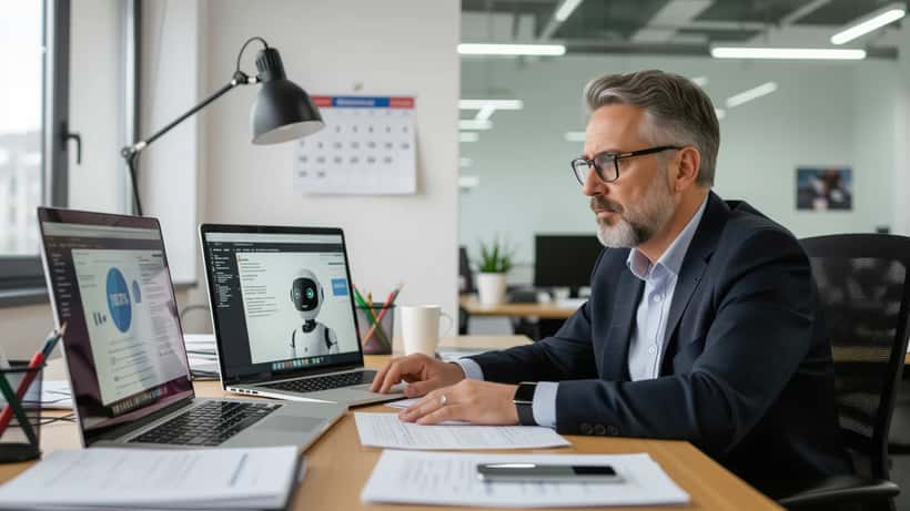 Dirigeant de PME français inquiet devant une interface d'intelligence artificielle sur son ordinateur portable
