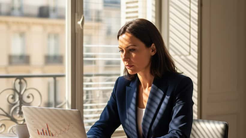 Conseillère en gestion de patrimoine analysant les marchés énergétiques dans un bureau parisien