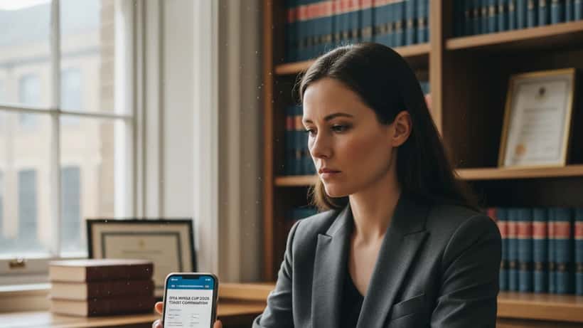 British solicitor reviewing FIFA World Cup 2026 ticket purchase on smartphone in London law office