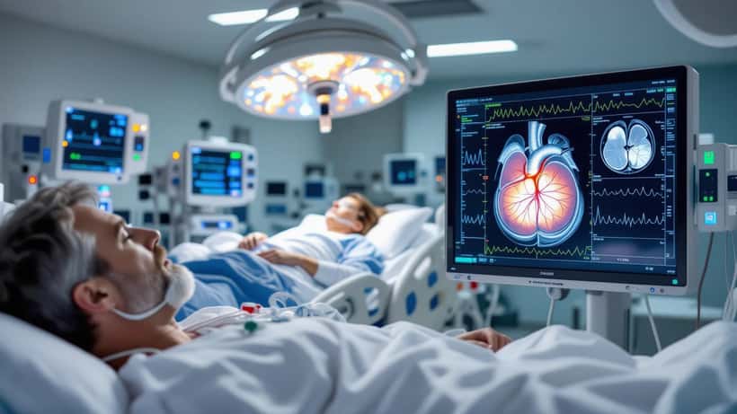 Akuttmedisinsk team studerer CT-bilde av aorta på skjerm i norsk sykehus