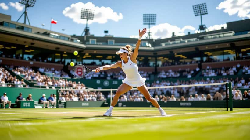 Linda Nosková serves on the Wimbledon Centre Court grass in 2026, photographed for Expert Zoom sports analysis coverage