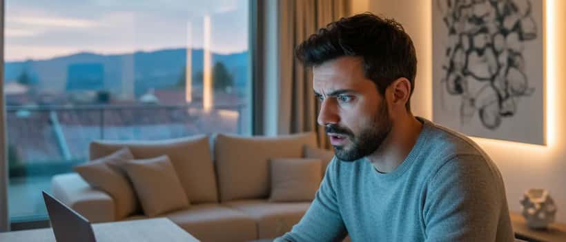 Uomo italiano al laptop che guarda un sito sospetto con smartphone in mano