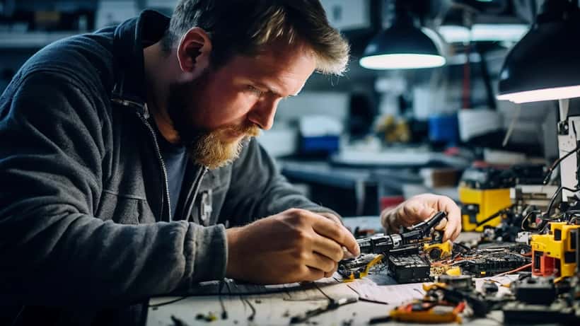 Elektronik-Techniker in München repariert ein iPhone mit Werkzeug auf einem Arbeitstisch