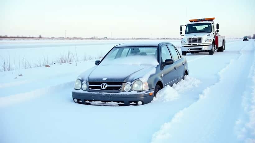 Voiture ensevelie dans la neige printanière en Saskatchewan, Canada, avril 2026