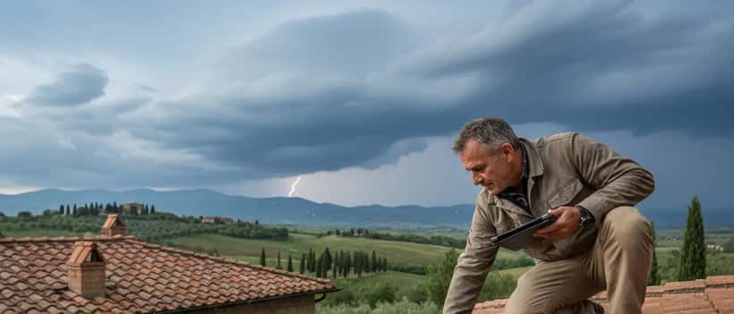 Artigiano controlla il tetto di una casa prima di una tempesta primaverile in Italia