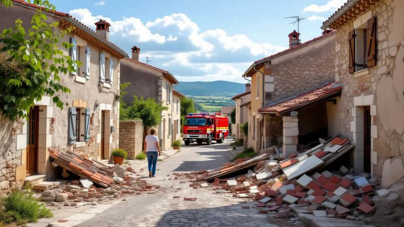 Schade na tornado in Pomas, Aude, Zuid-Frankrijk: dakpannen op straat voor traditionele Franse vakantiewoning