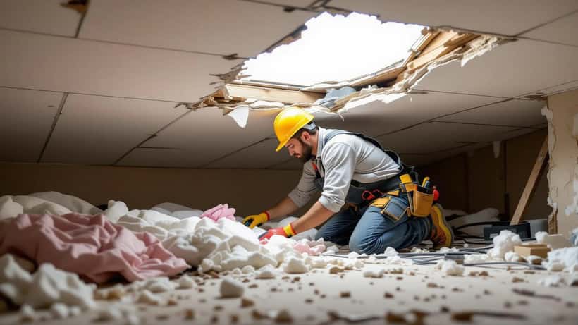 Contractor inspecting a hole punched through a residential bedroom ceiling with drywall debris and daylight coming through the roof breach