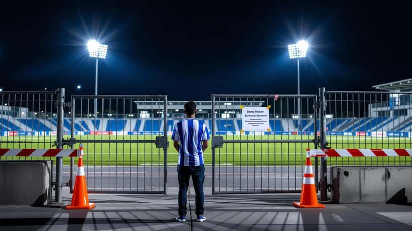 Torcedor diante de portões fechados de estádio de futebol em Buenos Aires à noite