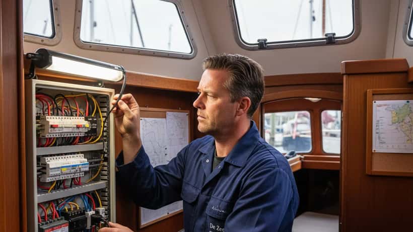 Marinier elektricien inspecteert bedrading in jachthaven Lelystad