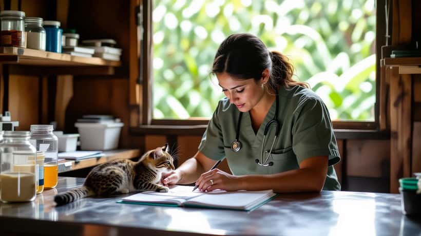 Veterinaria de fauna silvestre examinando un pequeño felino manchado en estación de investigación en bosques nublados de Bolivia