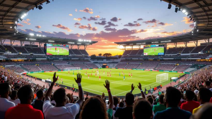Stadio internazionale durante l'amichevole Senegal-Iraq 2026, tifosi e maxi schermo per lo streaming legale