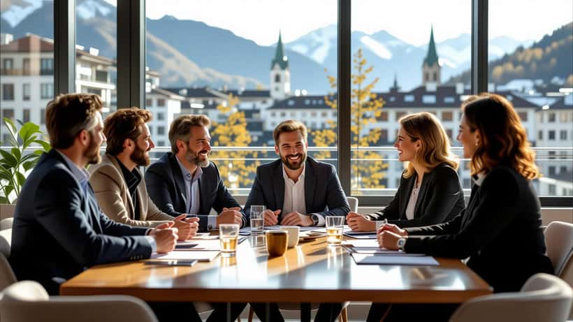 Professionnels argentins et suisses échangent dans un espace moderne, symbole de l’intégration de la diaspora argentine en Suisse en 2026