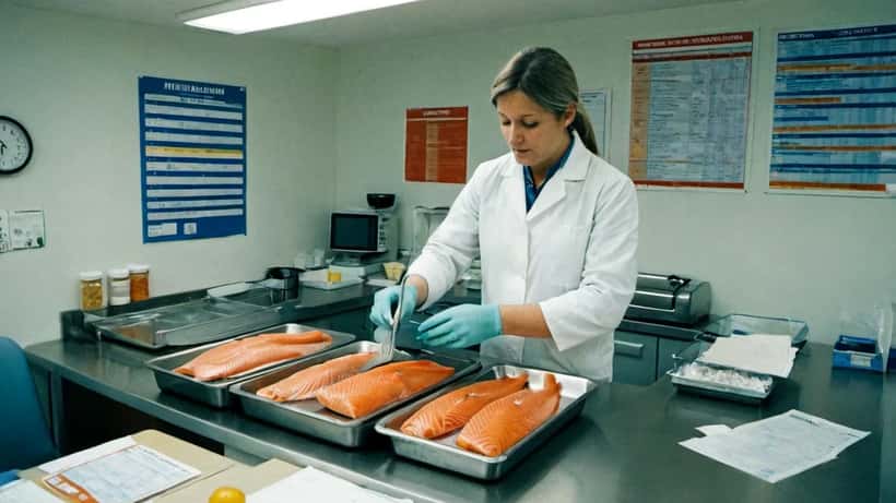 Nutritionniste examinant des filets de saumon frais avec des rapports de sécurité alimentaire sur un comptoir