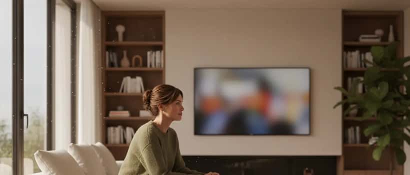 Donna italiana sul divano che guarda la TV con espressione pensierosa