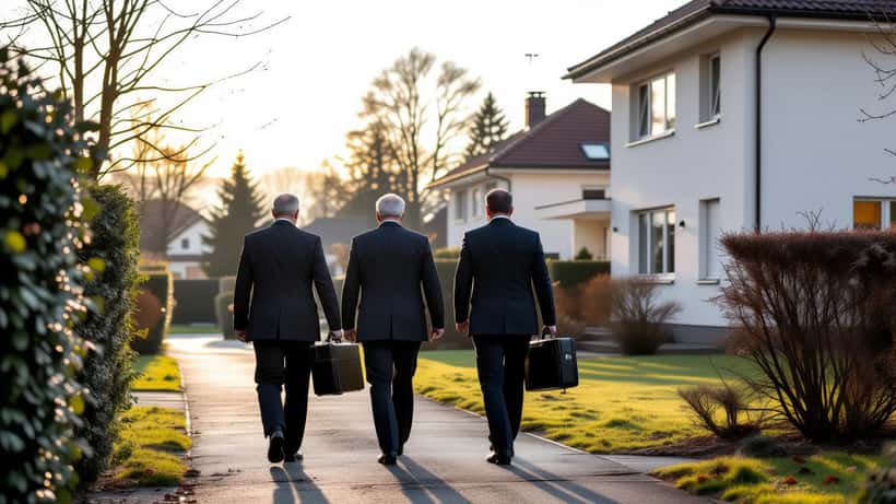 BKA-Beamte führen einen Verdächtigen früh morgens vor einem Wohnhaus in Nordwalde ab