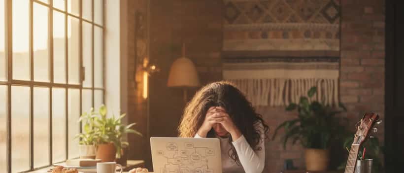 Jovem mulher portuguesa sentada numa secretária criativa com expressão de exaustão emocional