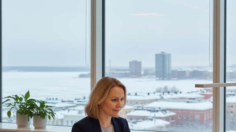 Suomalainen varainhoitaja katsoo sijoitusportfolioita modernissa Helsingin toimistossa