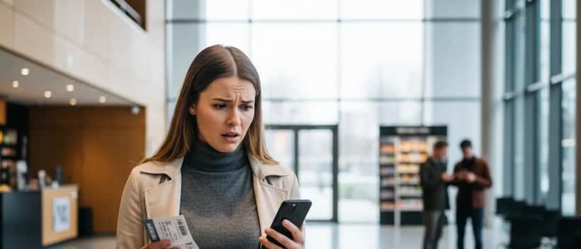 Nederlandse persoon houdt een concertticket vast en kijkt verward naar een smartphone in een moderne zaal