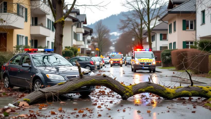 Branche d'arbre arrachée par l'orage écrasant une voiture dans une rue de Zurich, tuiles éparpillées