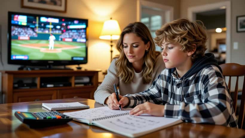 Child at a kitchen table calculating baseball batting averages with a calculator while a game plays on TV