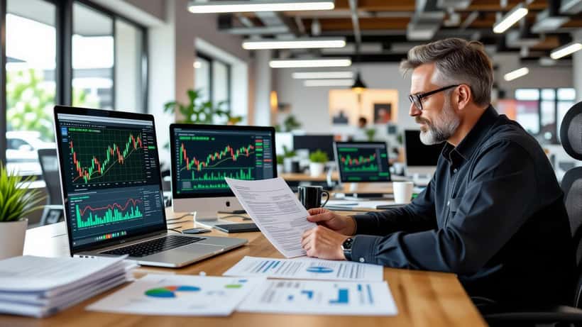Small business owner reviewing IT vendor contracts with NASDAQ stock charts on laptop screen