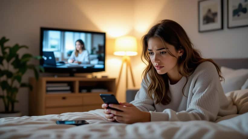 Jovem preocupada olhando no celular uma página suspeita de votação paga enquanto assiste a um reality show