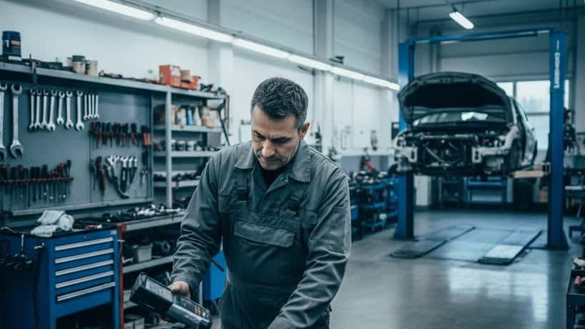 Kfz-Mechaniker mit OBD-Diagnosescanner in einer deutschen Autowerkstatt