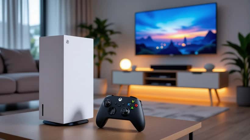 Xbox Series X console and controller on a modern UK living room TV stand
