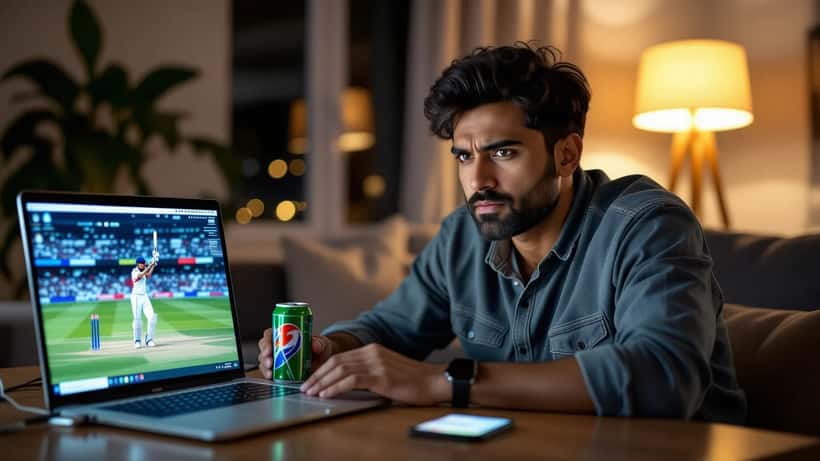 Aficionado de origen sudasiático mirando cricket en laptop de madrugada con estrés visible y ojeras