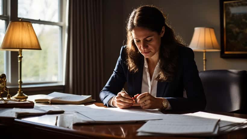 Family lawyer reviewing a prenuptial agreement contract with wedding rings on the desk in a Toronto law office
