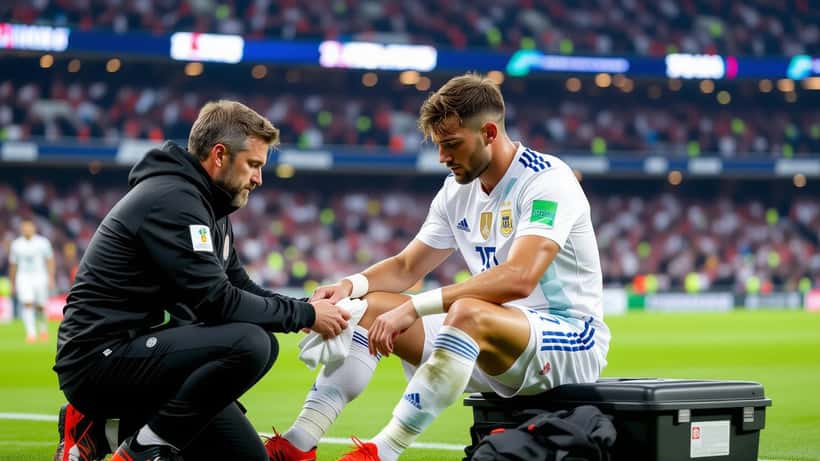 Jogador europeu exausto no banco de reservas com fisiologista aplicando gelo nas pernas durante Copa do Mundo