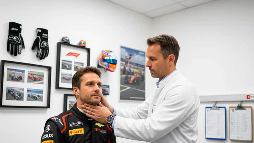 Sportmediziner untersucht Nacken eines Formel-1-Fahrers in Münchner Sportklinik