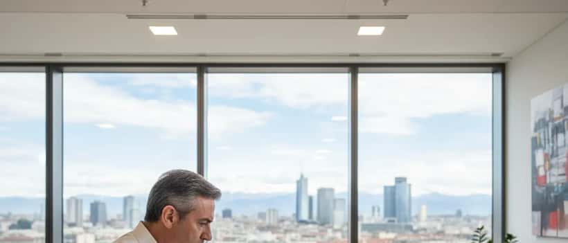 Consulente finanziario italiano analizza rendimenti BOT su laptop in ufficio a Milano