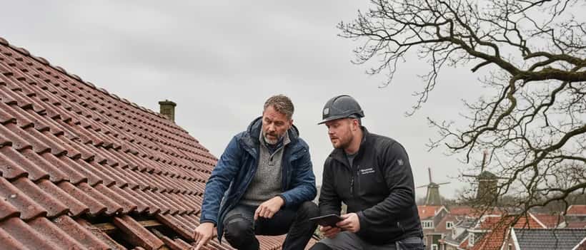 Eigenaar inspecteert stormschade op dak met aannemer na storm