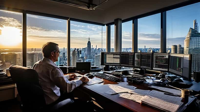 Financial advisor reviewing declining stock charts and oil price volatility graphs in a New York office