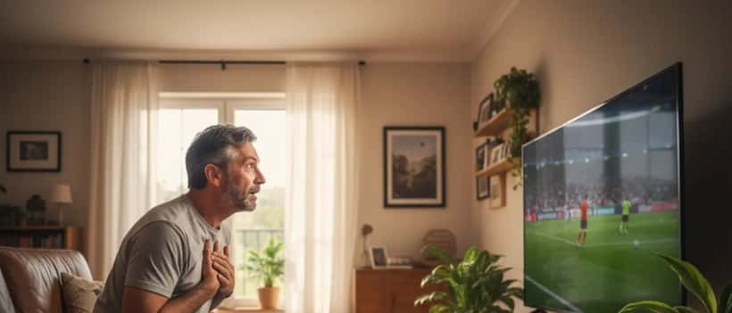 Homem português a ver futebol na televisão com a mão no peito, expressão tensa